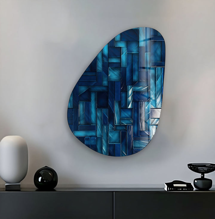 Asymmetrical Oval Navy Blue Lines Glass Wall Art custom glass photo prints, large glass prints
