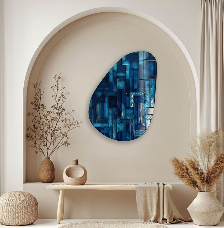 Asymmetrical Oval Navy Blue Lines Glass Wall Art glass pictures for Wall, glass prints wall art
