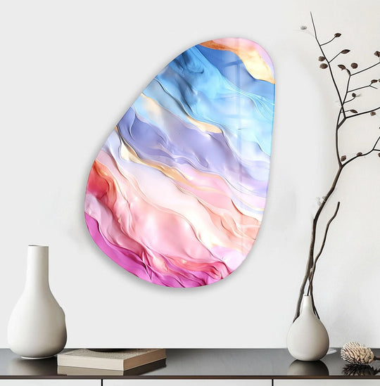 Asymmetrical oval rainbow abstract glass wall art showcases vibrant color contrast, a unique modern wall decor.