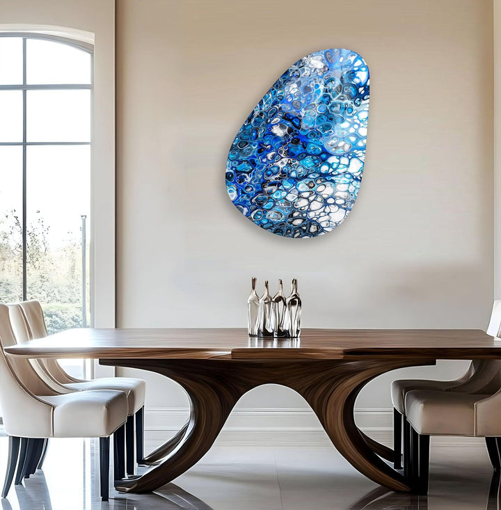Asymmetrical Oval Stained Blue Glass Wall Art custom glass photo prints, large glass prints
