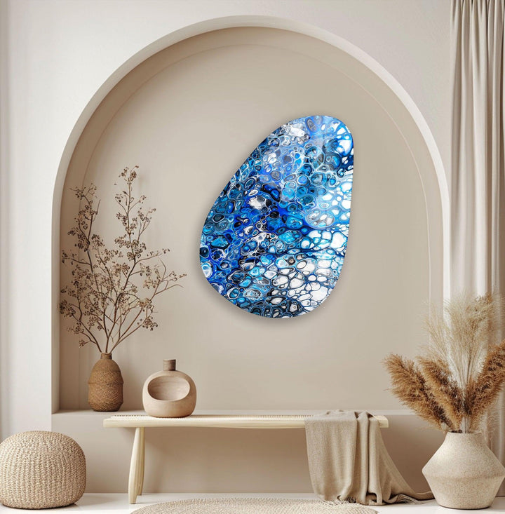 Asymmetrical Oval Stained Blue Glass Wall Art glass wall decor, glass wall art decor
