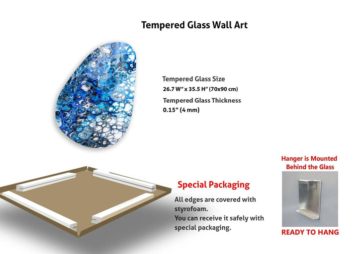 Asymmetrische ovale Wandkunst aus blauem Buntglas
