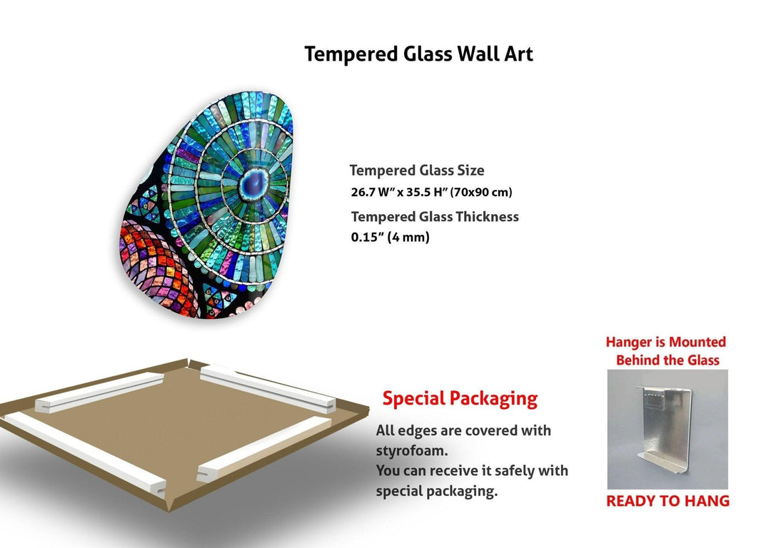 Asymmetrische ovale Wandkunst aus blaugrünem Buntglas