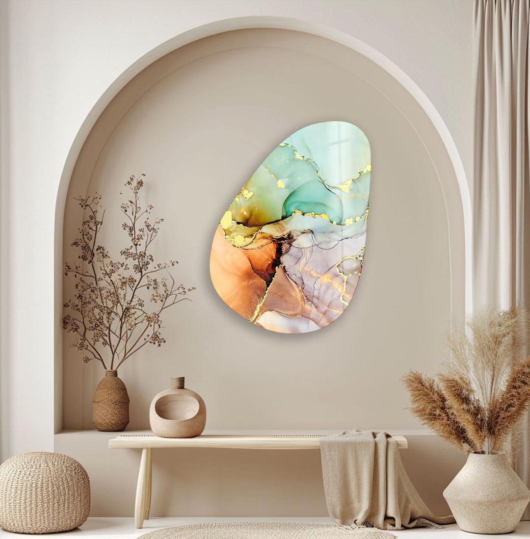 Asymmetrical Oval Turquoise Golden Glass Wall Art photo print on glass, prints on glass wall art

