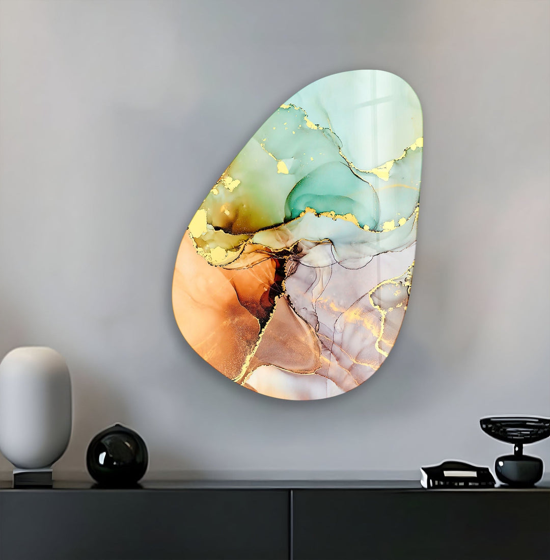 Asymmetrical Oval Turquoise Golden Glass Wall Art glass pictures for Wall, glass prints wall art
