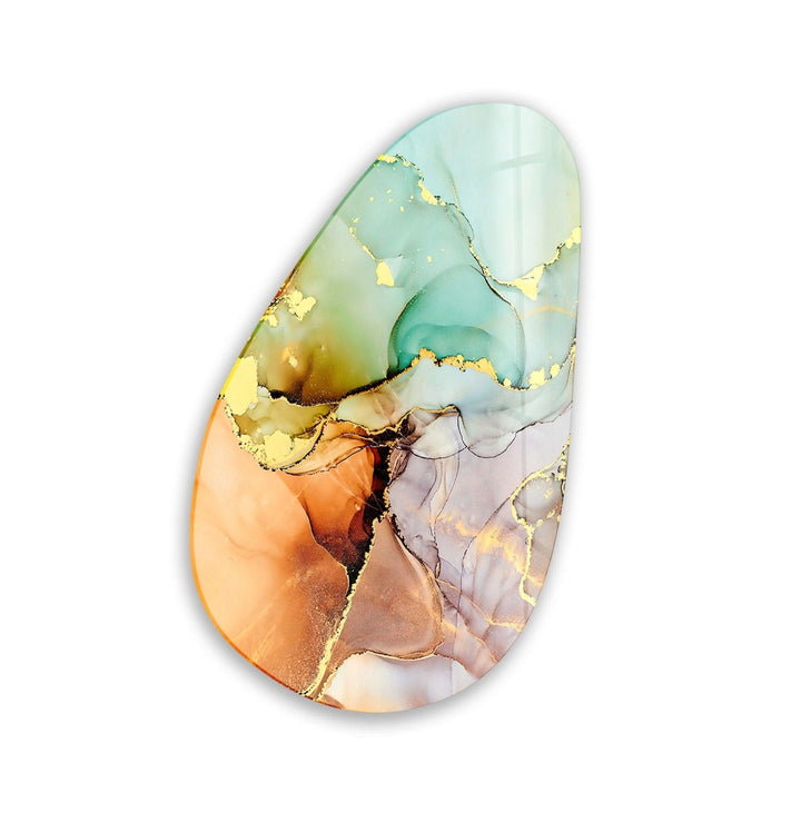 Asymmetrical Oval Turquoise Golden Glass Wall Art large glass photo prints, glass wall photos

