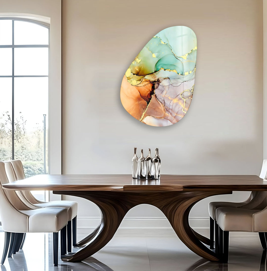 Asymmetrical Oval Turquoise Golden Glass Wall Art glass photo prints, glass picture prints
