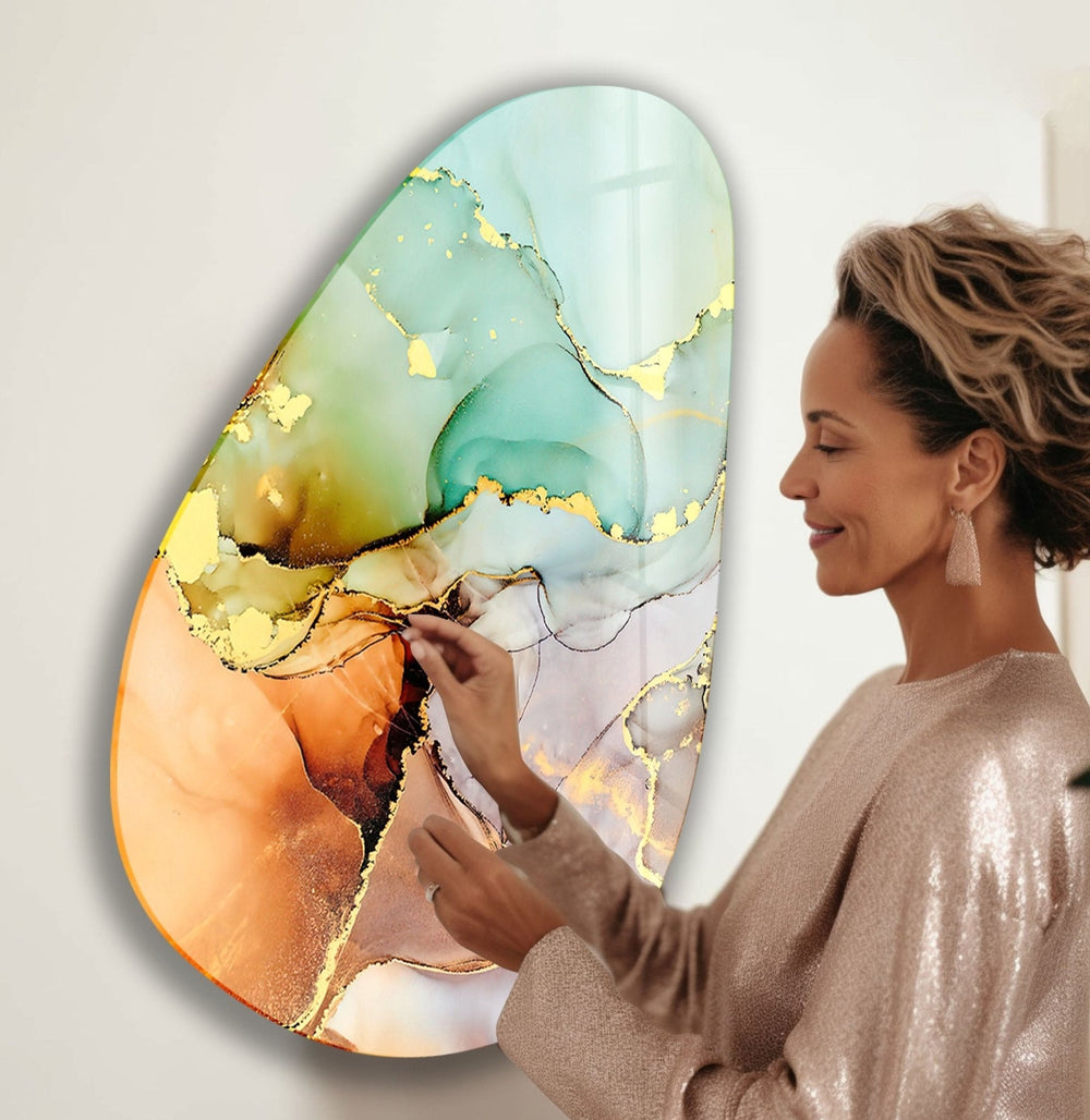 Asymmetrical Oval Turquoise Golden Glass Wall Art Glass Printing Wall Art, Print photos on glass
