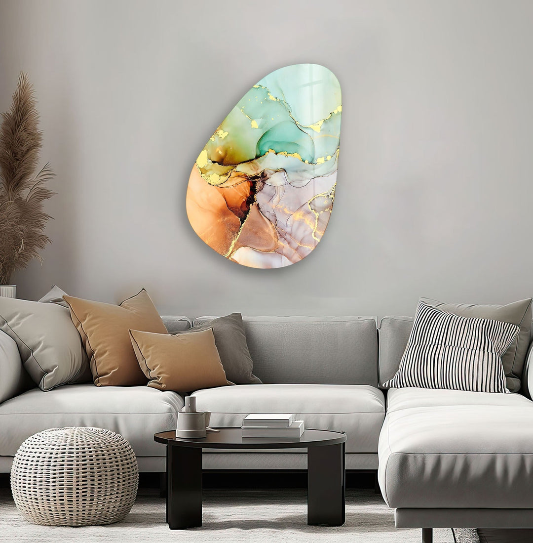 Asymmetrical Oval Turquoise Golden Glass Wall Art glass image printing, glass prints from photos

