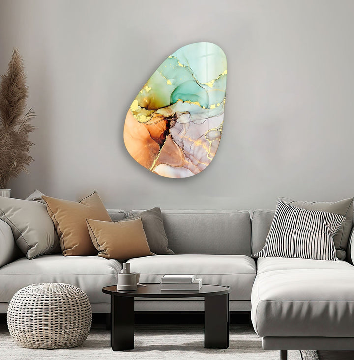 Asymmetrical Oval Turquoise Golden Glass Wall Art glass image printing, glass prints from photos
