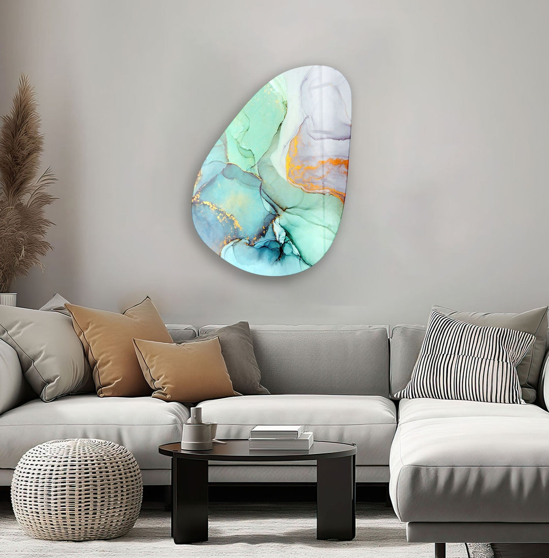 Asymmetrical Oval Turquoise Marble Glass Wall Art stained glass wall art, stained glass wall decor
