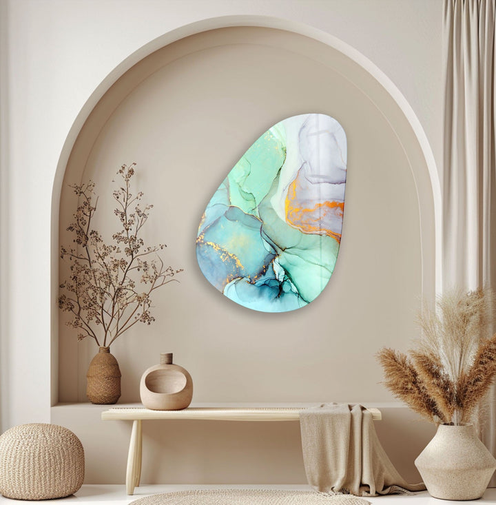 Asymmetrical Oval Turquoise Marble Glass Wall Art glass art painting, glass art for the Wall

