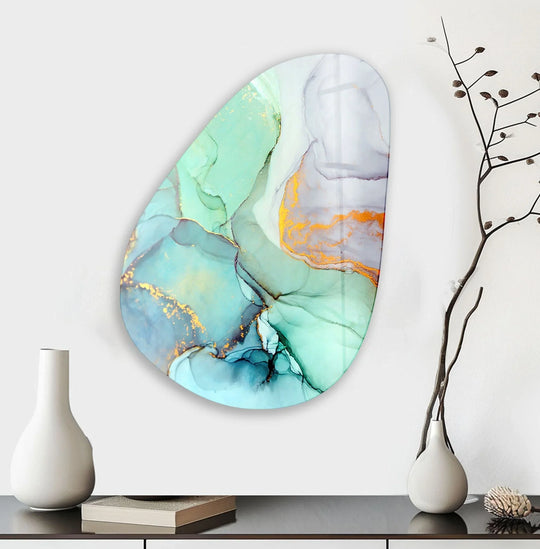 Asymmetrical oval turquoise marble art showcases a glossy, fluid finish perfect for vibrant glass printing.