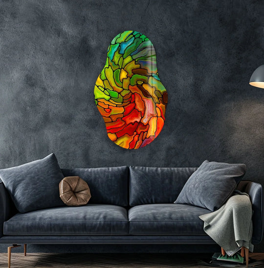 Asymmetrical Red Stained Glass Wall Art print picture on glass, Tempered Glass Wall Art