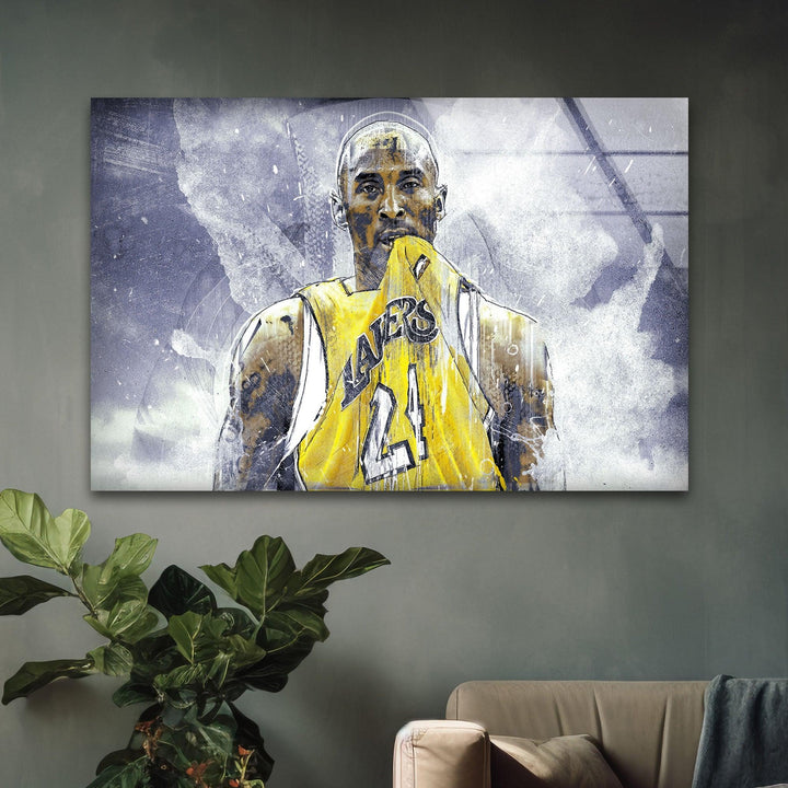 Kobe Bryant Glass Wall Art - Glass wall art of an iconic number 24 basketball athlete holding his jersey with expressive watercolor texture.