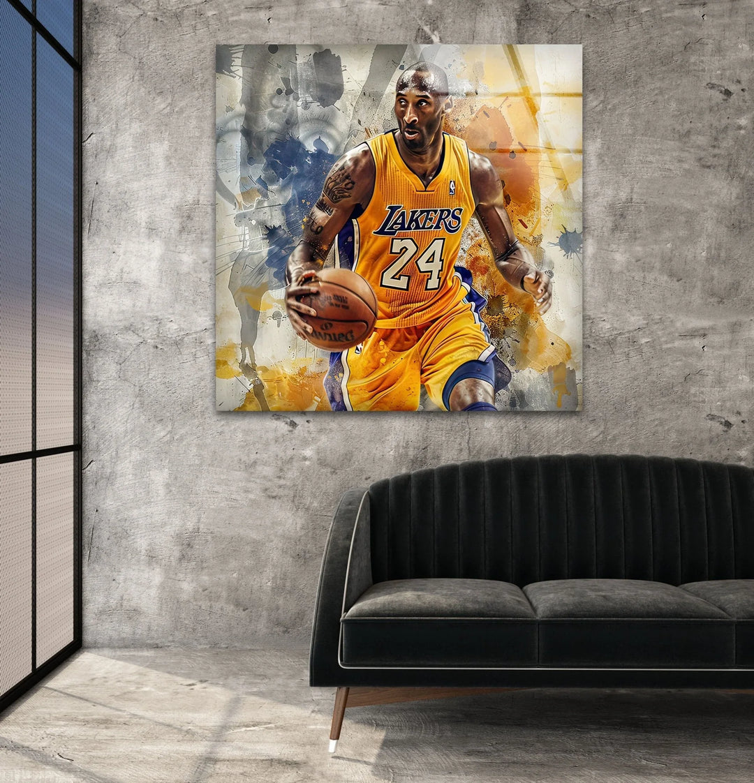Kobe Bryant- Vibrant basketball wall art on glass showing a pro player in motion with abstract paint splashes.