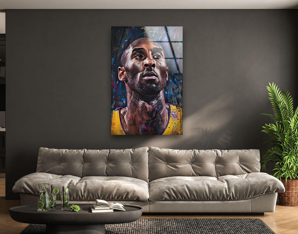 Kobe Bryant Portrait Painting Glass Wall Art - Glass wall art of a focused basketball athlete in a yellow jersey with expressive painted details.