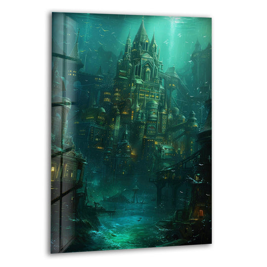 Dramatic light and shadow interplay highlights the depth and intricate architecture of this Atlantis Castle glass wall art, perfect for home decoration.