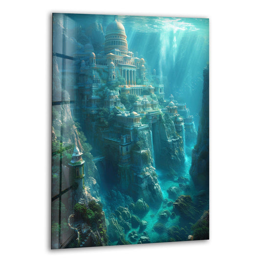 City Prints glass wall art of Atlantis architecture underwater scene and high quality print plus city wall art decor