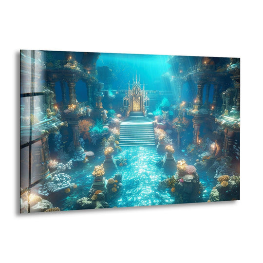 Vibrant color contrast defines this tempered glass wall art depicting an underwater Atlantis scene, where shimmering turquoise waters meet the intricate gold detailing of ancient ruins.