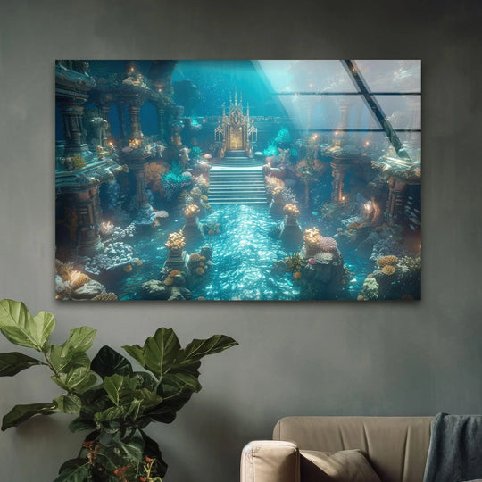 Showcasing the abstract quality, this Atlantis Place tempered glass wall art captures an underwater city scene with stairways and turquoise hues.