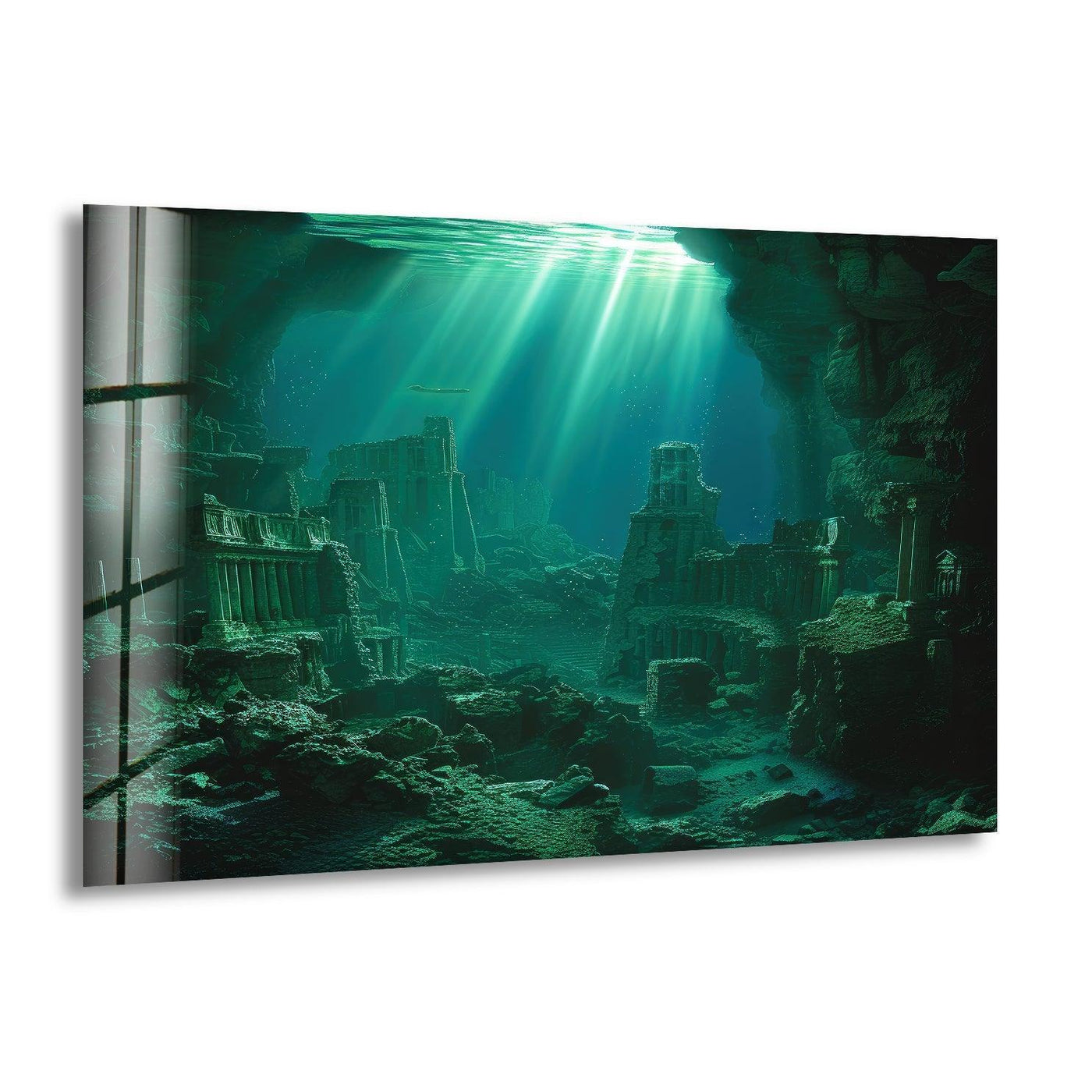 Sunlit ruins of Atlantis form the central subject in this mesmerizing art from glass, creating a captivating underwater city print.