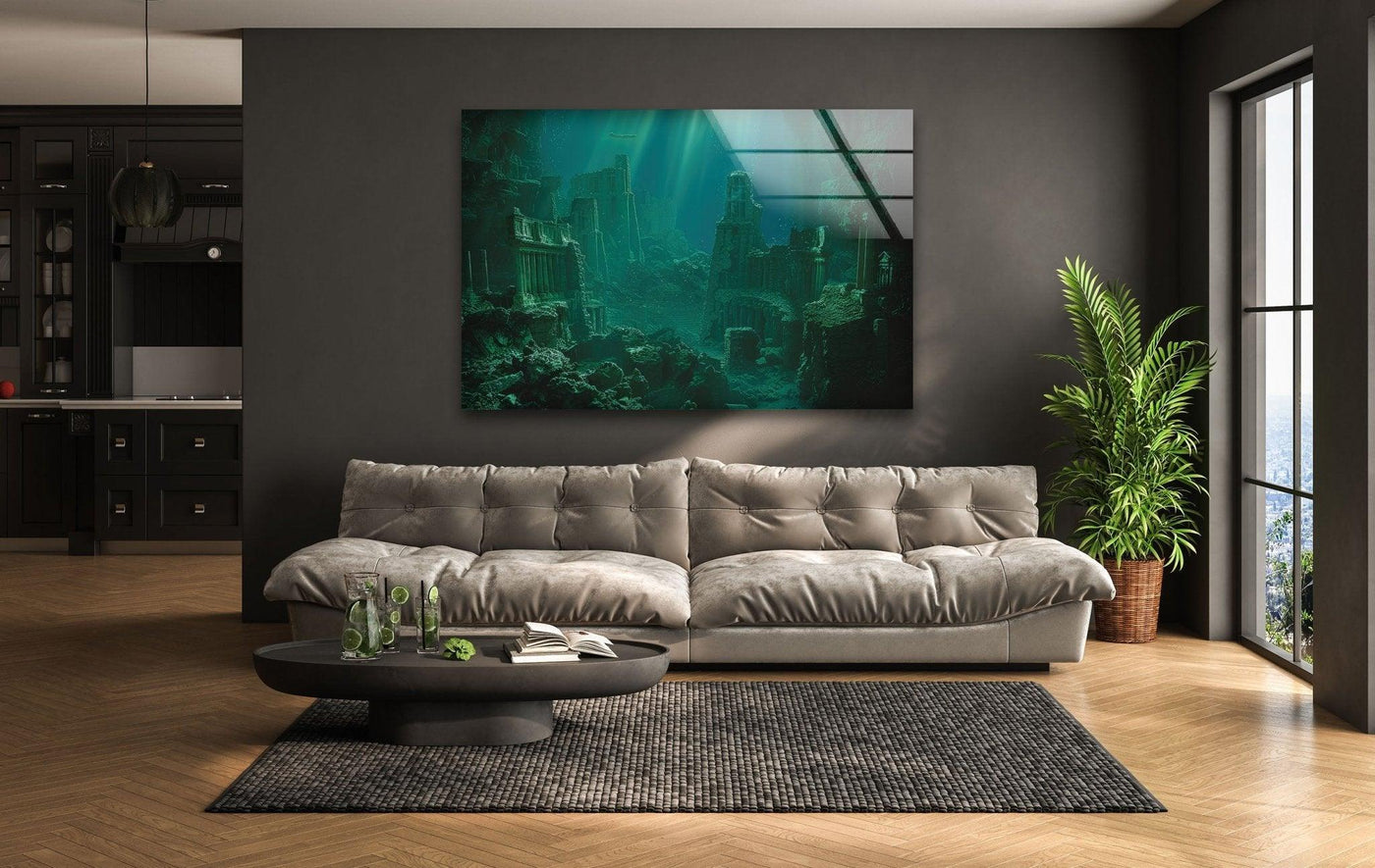 Highlighting the rough surface texture, the Atlantis Underwater glass printing shows the submerged city details with mesmerizing depth and visual allure in this decorative glass wall art.