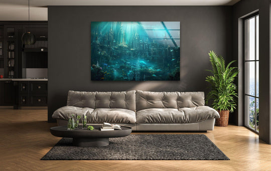 Horizontal and rectangular Deep Atlantis glass wall art creates a unique modern wall decor statement with its underwater cityscape motif.