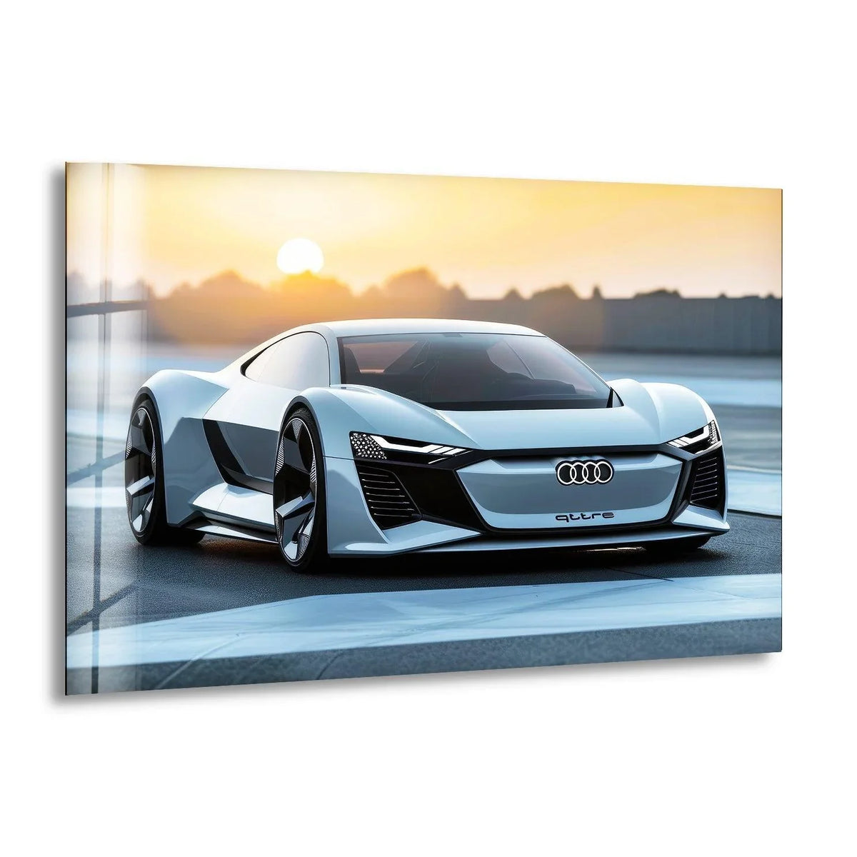 Light grey dominates this glass Audi car wall art, making it a stunning piece of decorative wall art perfect for automotive enthusiasts.