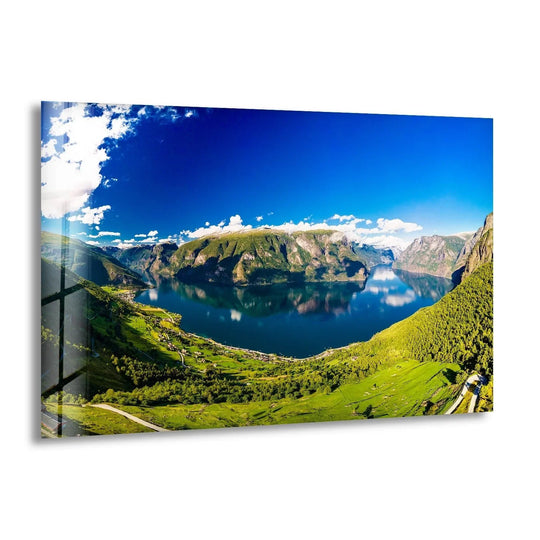 Showcasing the finish of this Aurlandsfjord landscape glass wall art with exceptional glass printing that highlights its fjord scenery.
