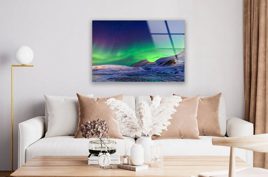 Bold color contrast defines the aurora borealis neon glass wall art, where greens dance against a dark starry sky in these stunning wall prints.