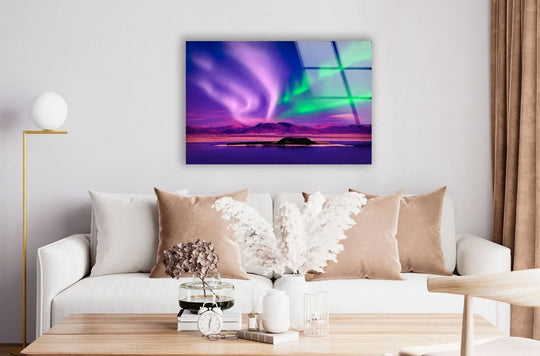 Light and shadow accentuate the dramatic beauty of the Purple Aurora Lights decorative wall art, casting ethereal reflections on the glass landscape art print.