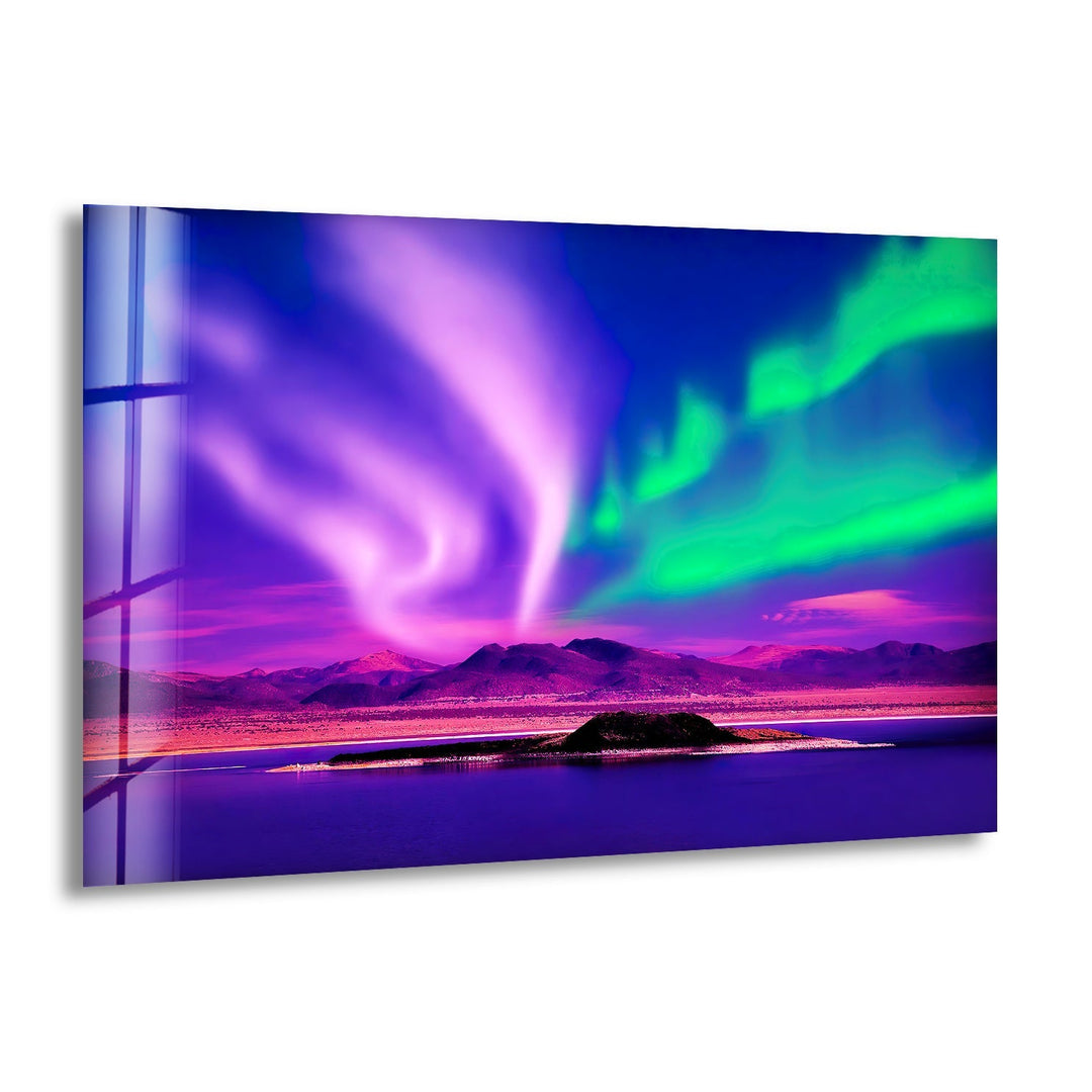 Vibrant purple and green Northern Lights over a tranquil lake, printed on glass wall art.
