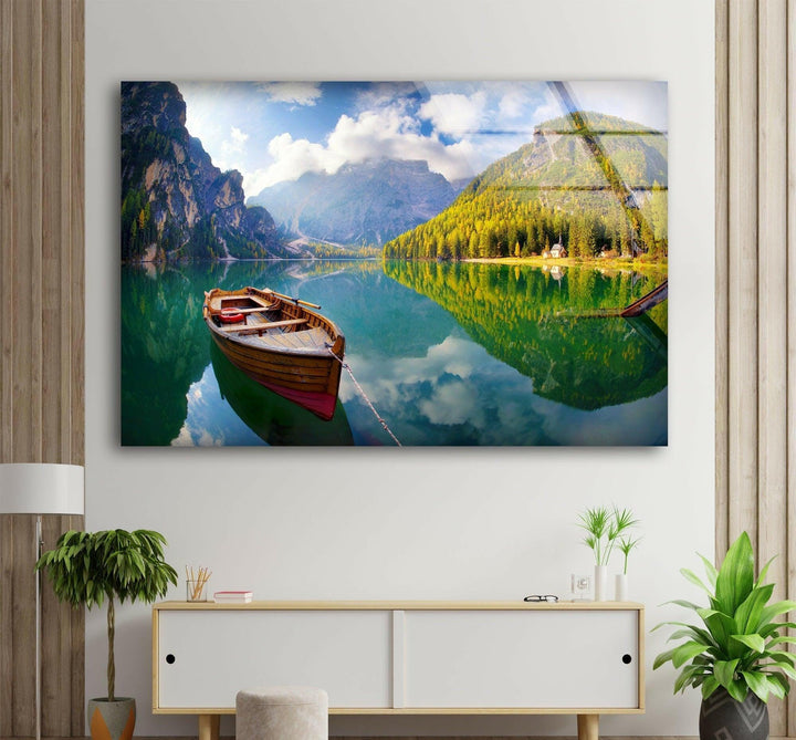 Autumn Boat on Lake Glass Wall Art print on glass, glass printed photos
