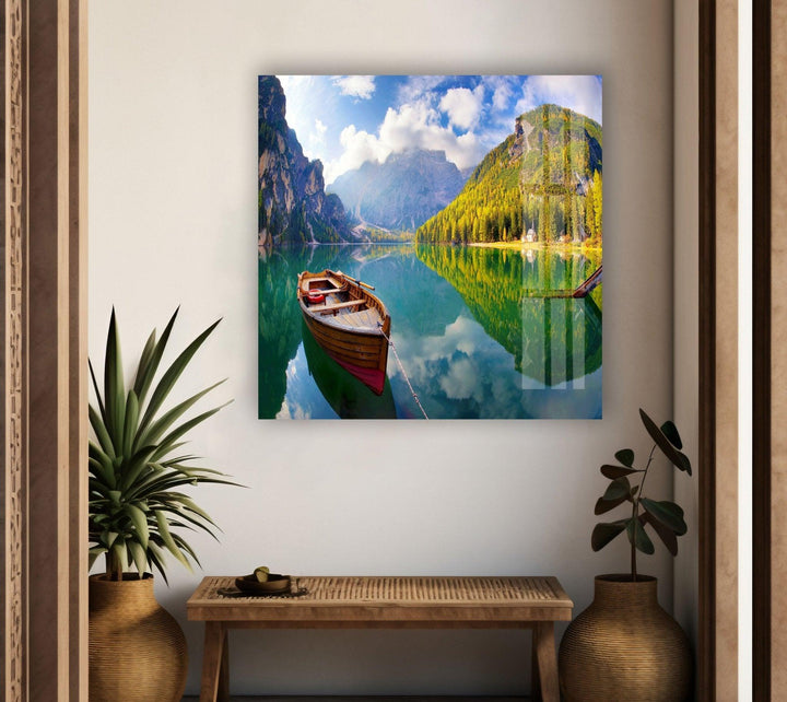 Autumn Boat on Lake Glass Wall Art print picture on glass, Tempered Glass Wall Art