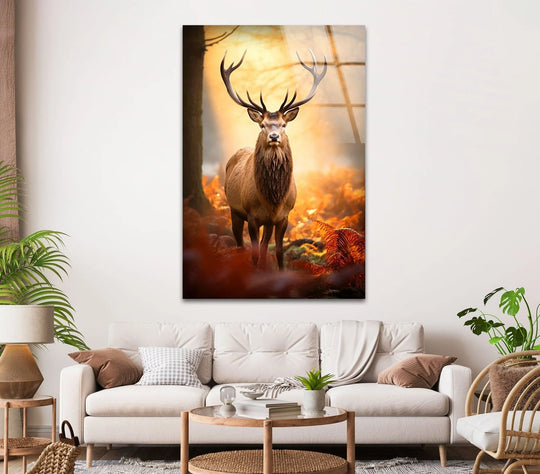 Majestic stag bathed in golden autumn light creates a serene and mystical mood for your wall prints.