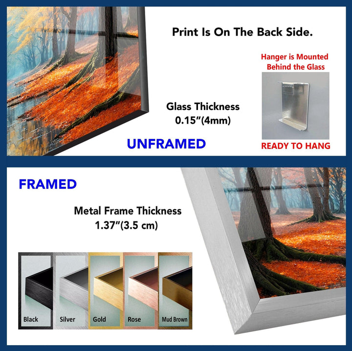 Autumn Pathway Reflections: A Captivating Fall Forest Art Print on Glass