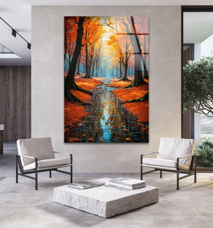 Vibrant autumn landscape featuring a peaceful forest pathway and shimmering reflections.
