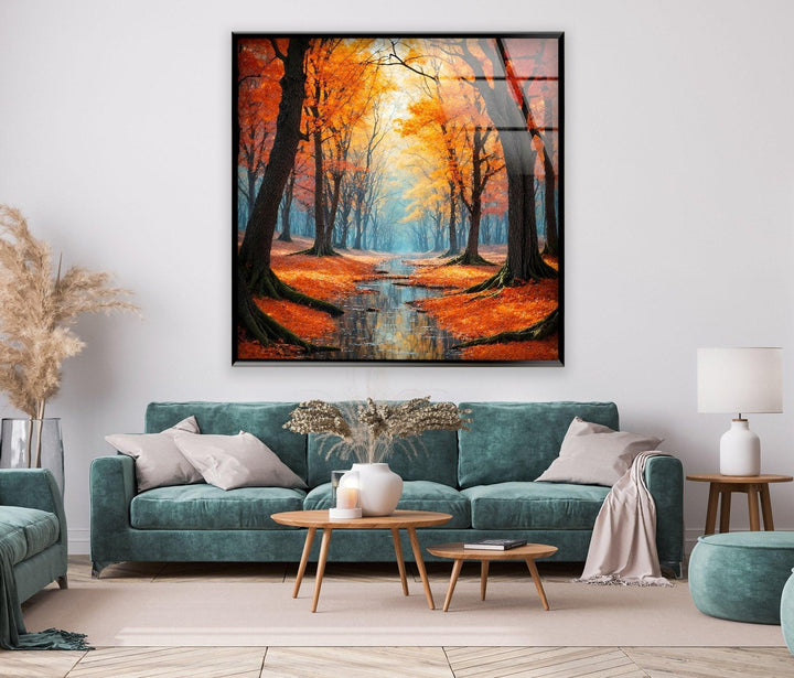 Autumn forest beauty with golden leaves and soft reflections, elegantly printed on glass.
