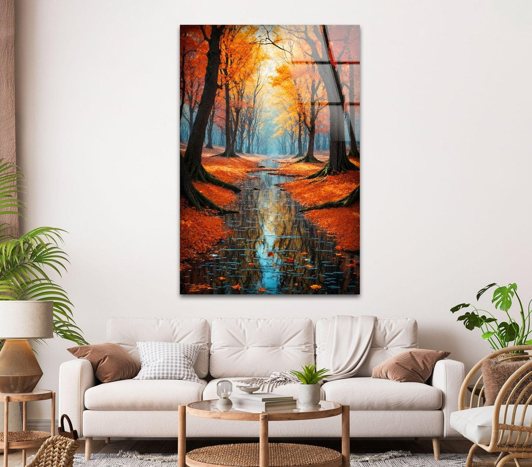 Stunning fall forest glass art print showcasing autumn’s natural beauty.
