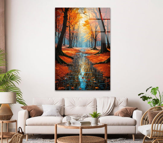 The fall forest art print on glass shows an autumn pathway reflection and a vibrant forest stream with golden leaves and it is captivating forest wall art