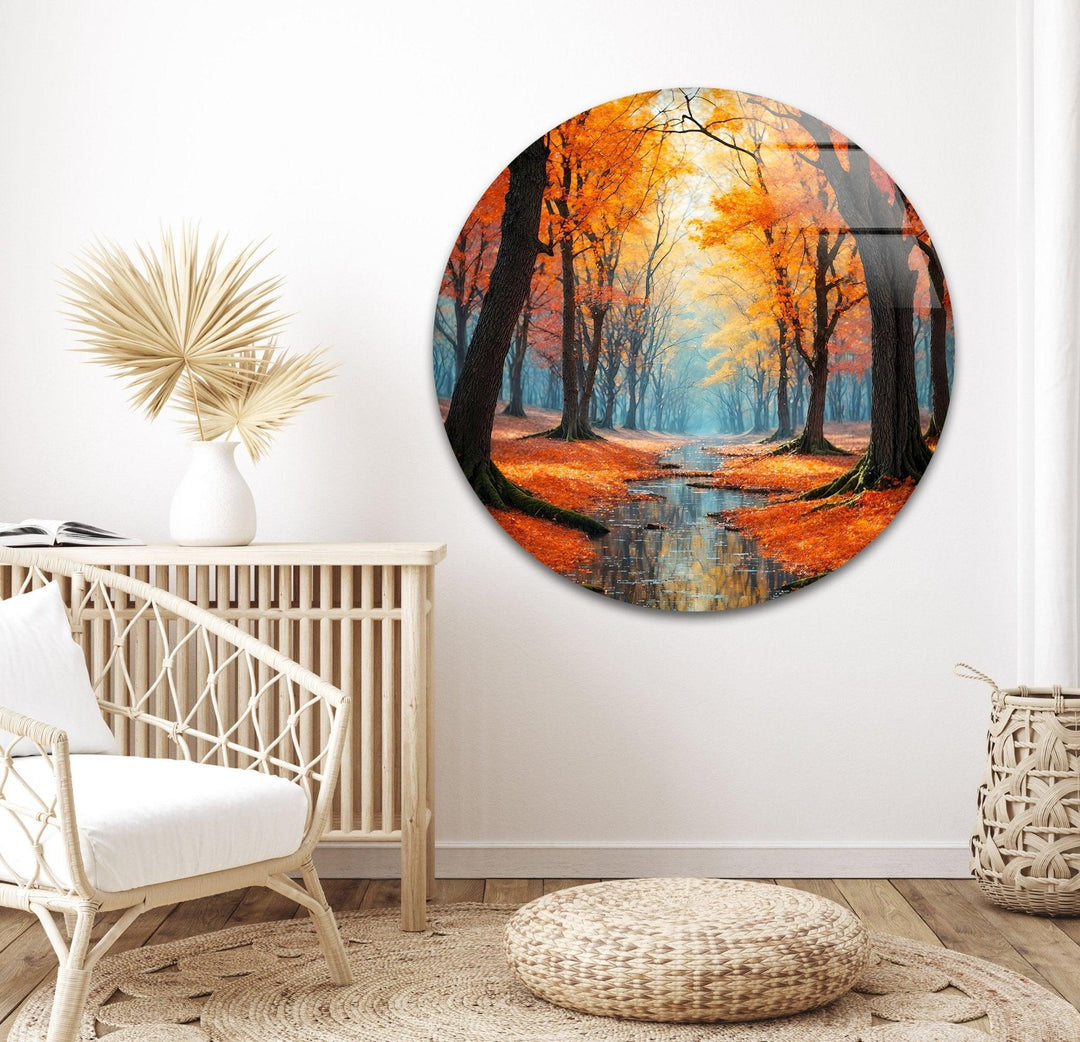 Fall pathway surrounded by colorful trees, capturing the essence of autumn in glass art.
