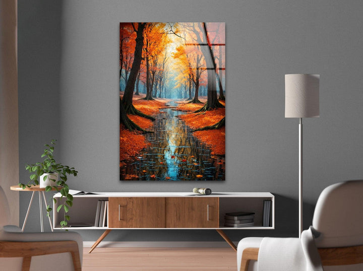 Beautiful autumn forest reflection captured in high-quality glass wall art.
