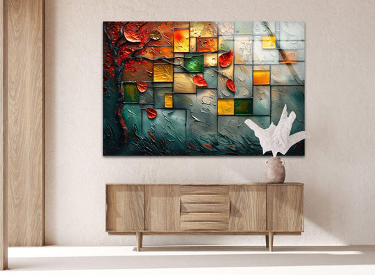 Textured glass art painting captures the tactile beauty of fall leaves and fragmented mosaic squares.