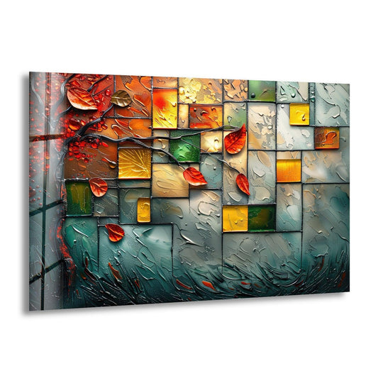 This abstract glass wall art showcases a dominant palette of deep teal and earthy oranges in a mosaic style.