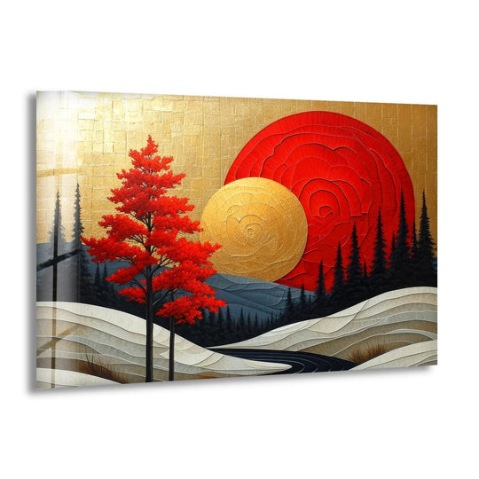 Serene and artistic, the abstract red sun glass wall art evokes a peaceful mood with its scenic mountain, tree landscape, and vibrant home decoration.