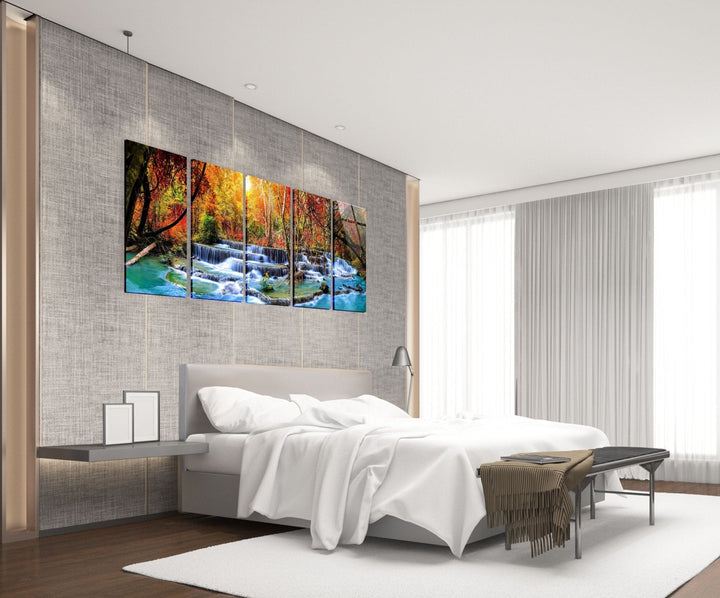 Autumn Trees and Waterfall Landscape Glass Wall Art, glass art painting, glass art for the Wall