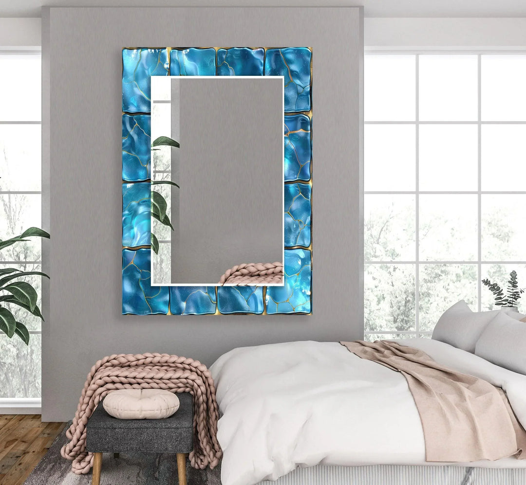 Blaues glänzendes Marmordesign Modern Wandspiegel – Luxus-Akzent – MyPhotoStation