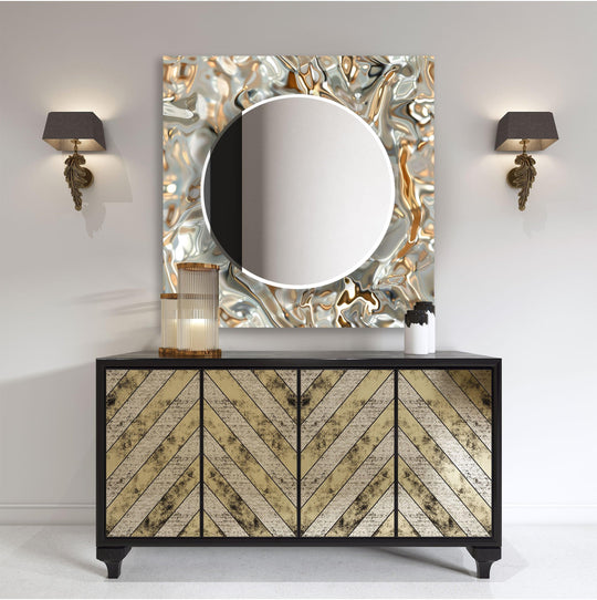 Shiny Gray Golden wall mirror with abstract design shows swirling gray and gold tones a luxurious modern piece with tempered glass