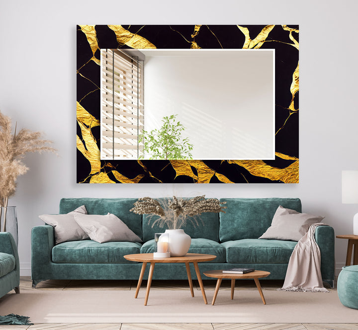 Goldmarmor-Glas-Wandspiegel – Schwarz &amp; Gold Moderne Wohndekoration 